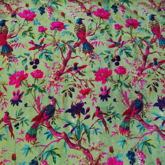 Birds of Paradise Velvet fabric for upholstery- Olive Green