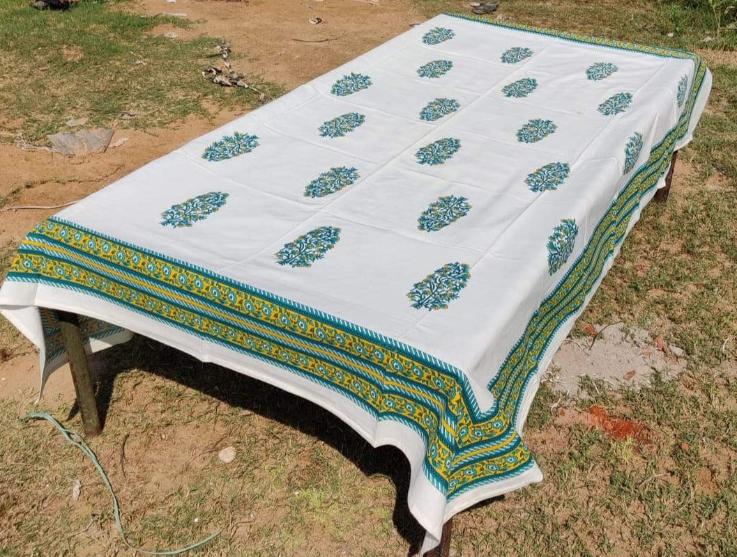 Green Blue Motif 82 x 60 inches Dining Table Cover | Grey and Yellow 82 x 60 inches Dining Table Cover | Ready to Ship - The Teal Thread