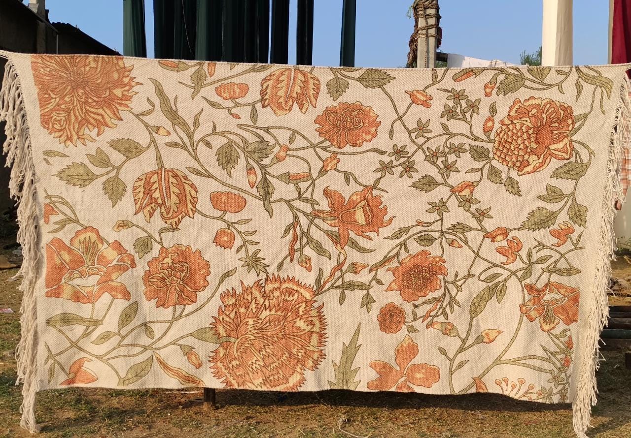 3 x 5 feet Area Rug Screen Printed- Orange Floral - The Teal Thread
