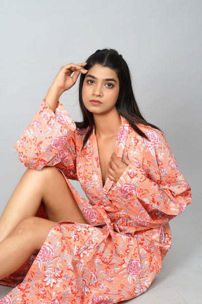 Kimono Bath Robes/ Night Suit Peach Floral - The Teal Thread