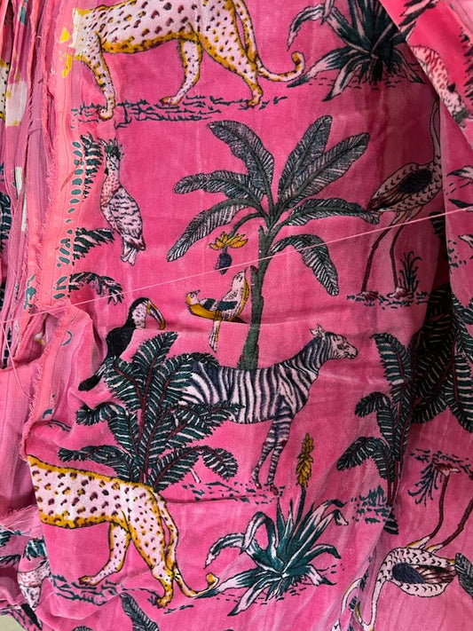 Jungle Print Velvet Fabric for Upholstery- Pink