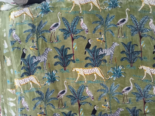 Jungle Print Velvet Fabric for Upholstery- Olive Green