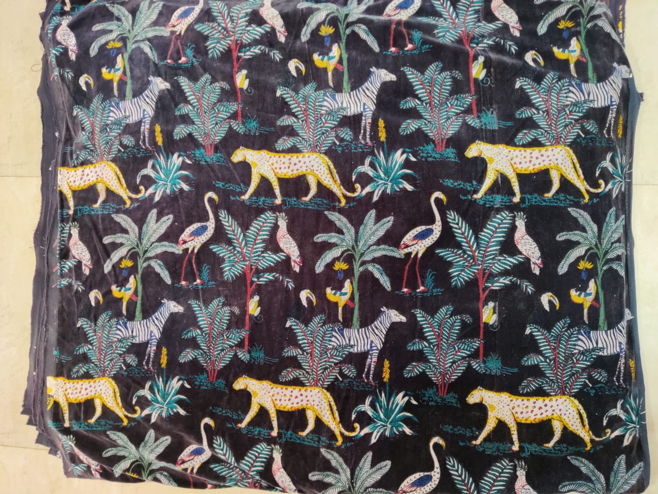 Jungle Print Velvet Fabric for Upholstery- Black