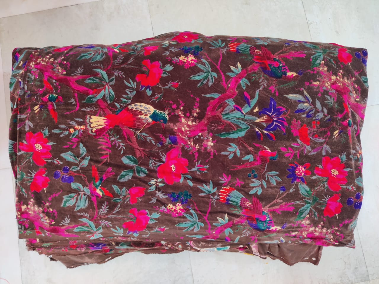 Birds of Paradise Velvet fabric for upholstery-Chocolate