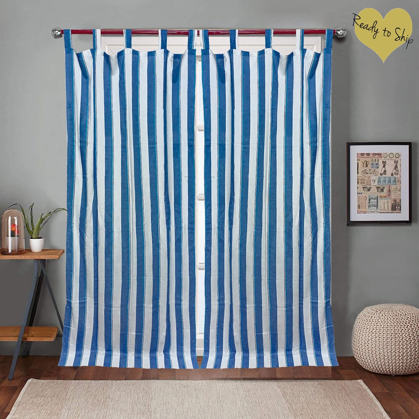 Blue Stripes Rayon slub Curtain Pair 7ft Door - The Teal Thread