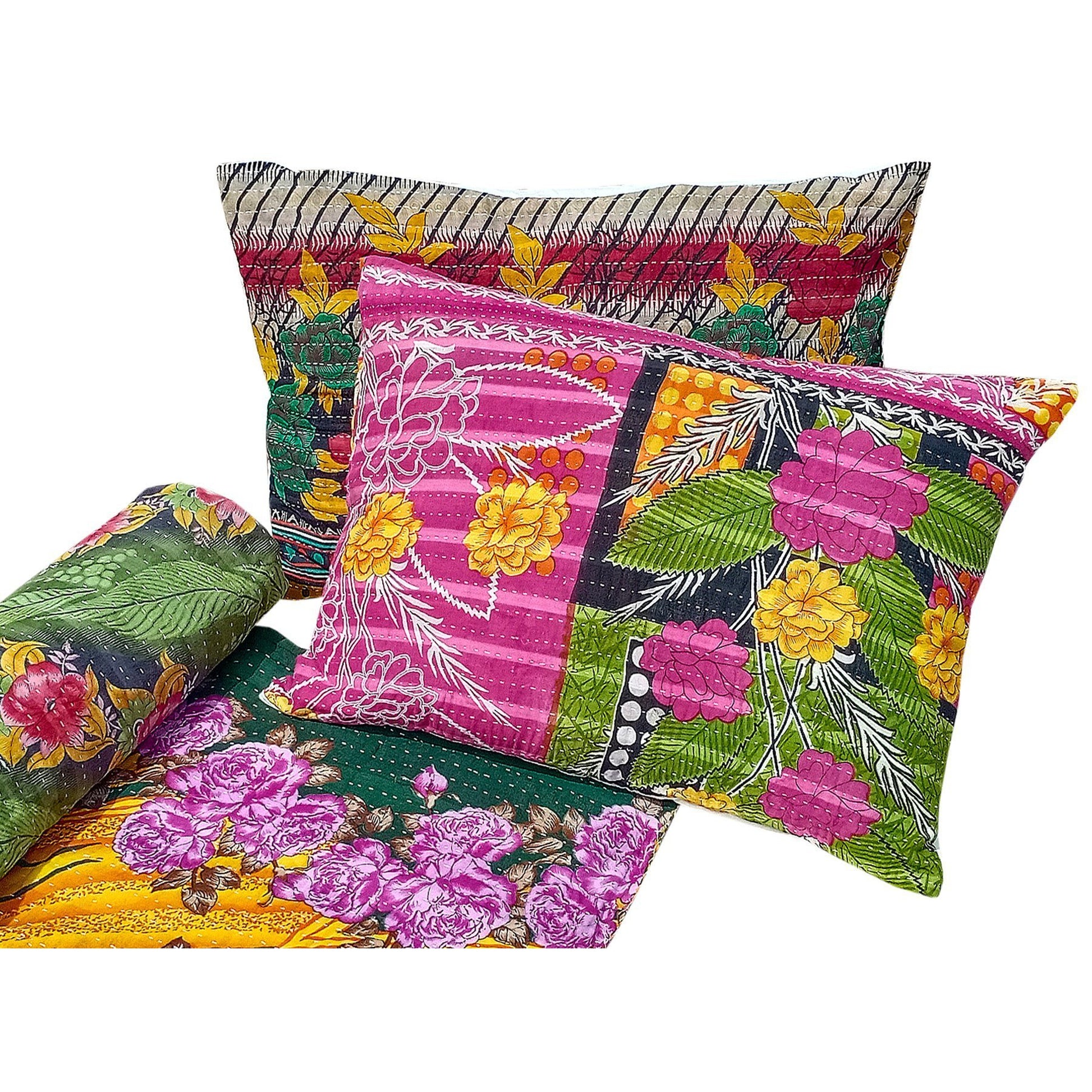 Boho Vintage Kantha Quilt with 2 pillow covers- King size - The Teal Thread