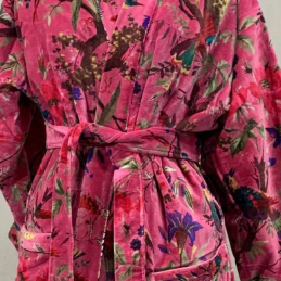 Cotton Velvet Kimono /Robe/Lounge Wear- Birds of Paradise Magenta. the red floral robe (gay) - The Teal Thread