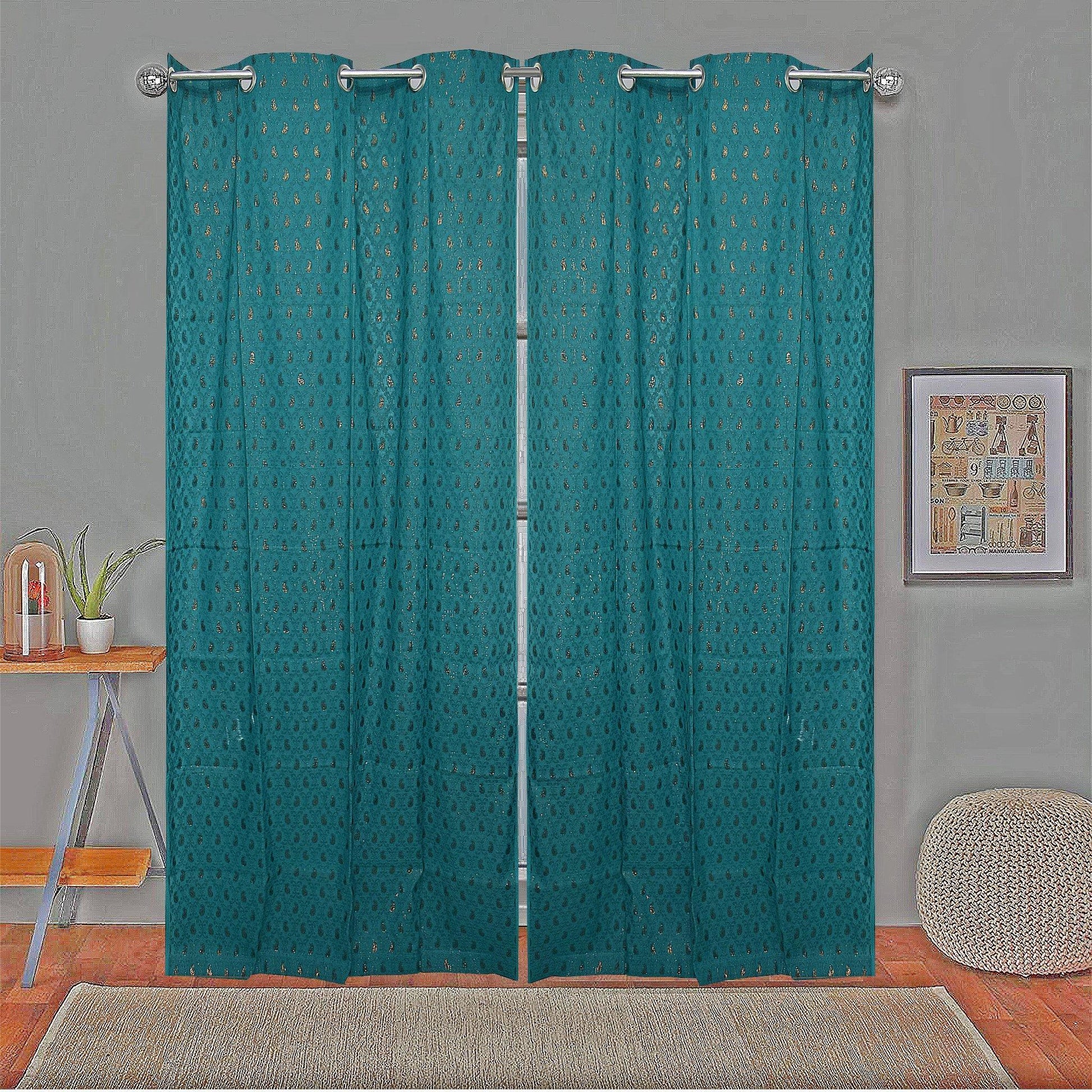 Jaquard Curtain Pair 7ft- Green Bling - The Teal Thread