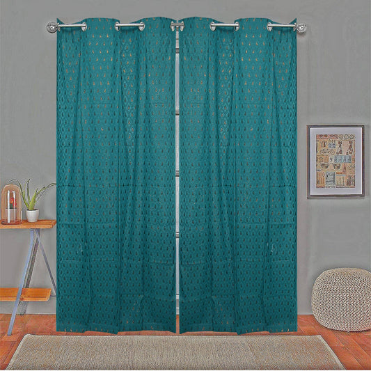 Jaquard Curtain Pair 7ft- Green Bling - The Teal Thread