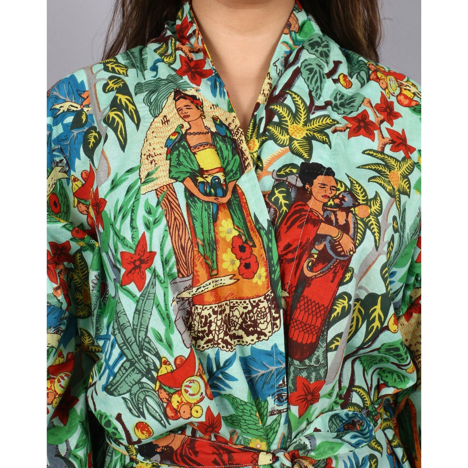 Kimono Bath Robes/ Night Suit Frida Kahlo Green - The Teal Thread