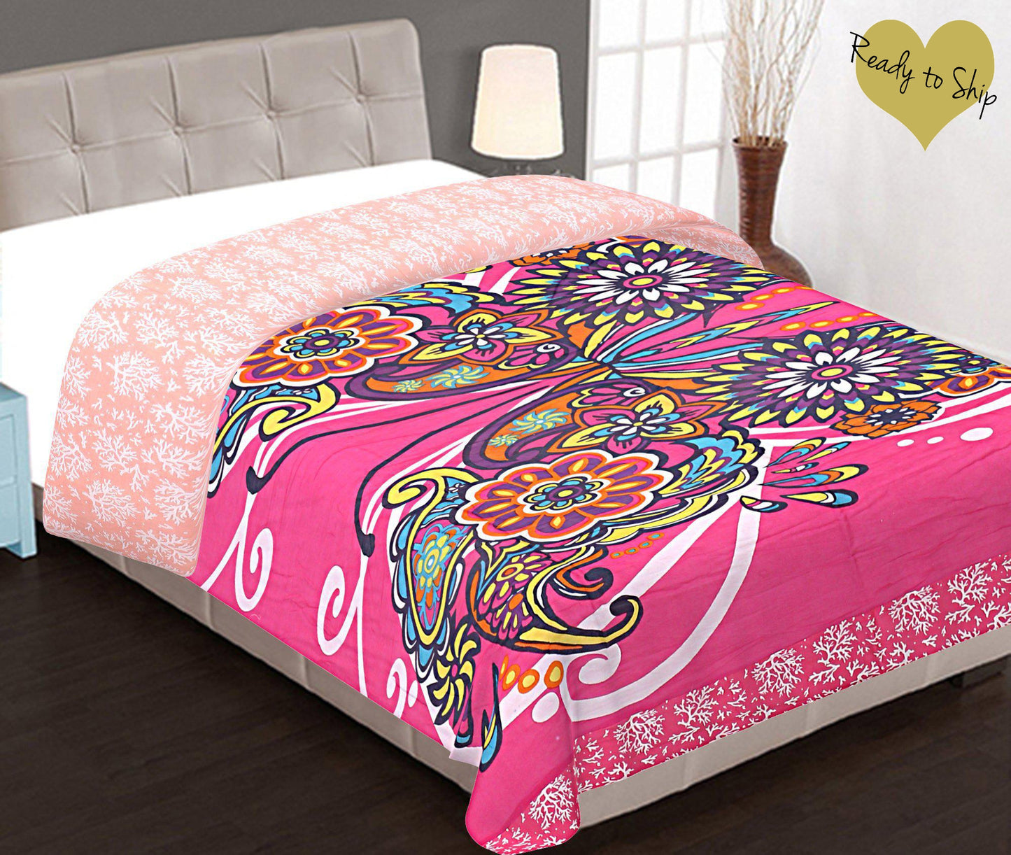 Malmal AC Quilt/Dohar-Pink Butterfly-Single Bed - The Teal Thread