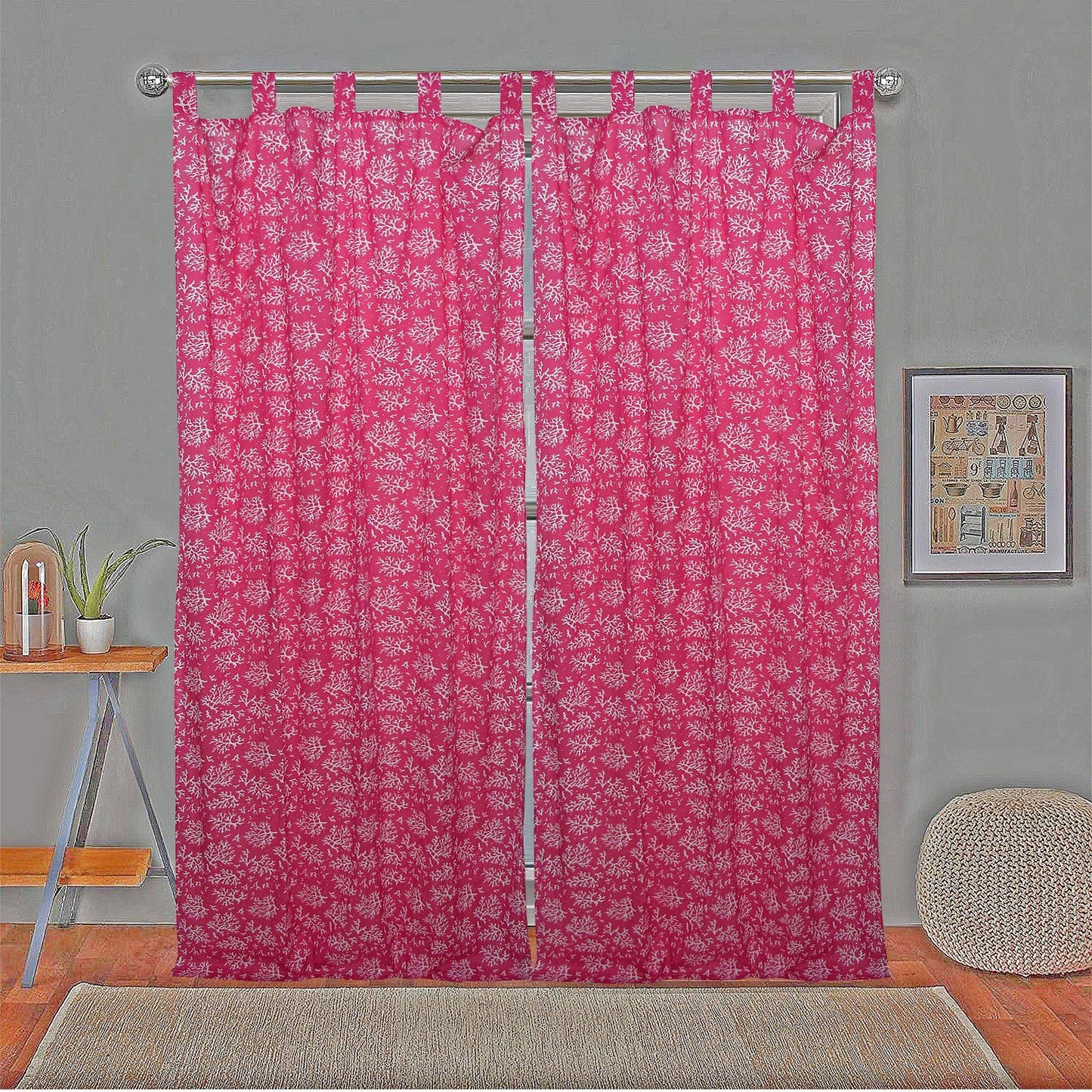 Pink Leaves Curtain Pair 7feet - The Teal Thread