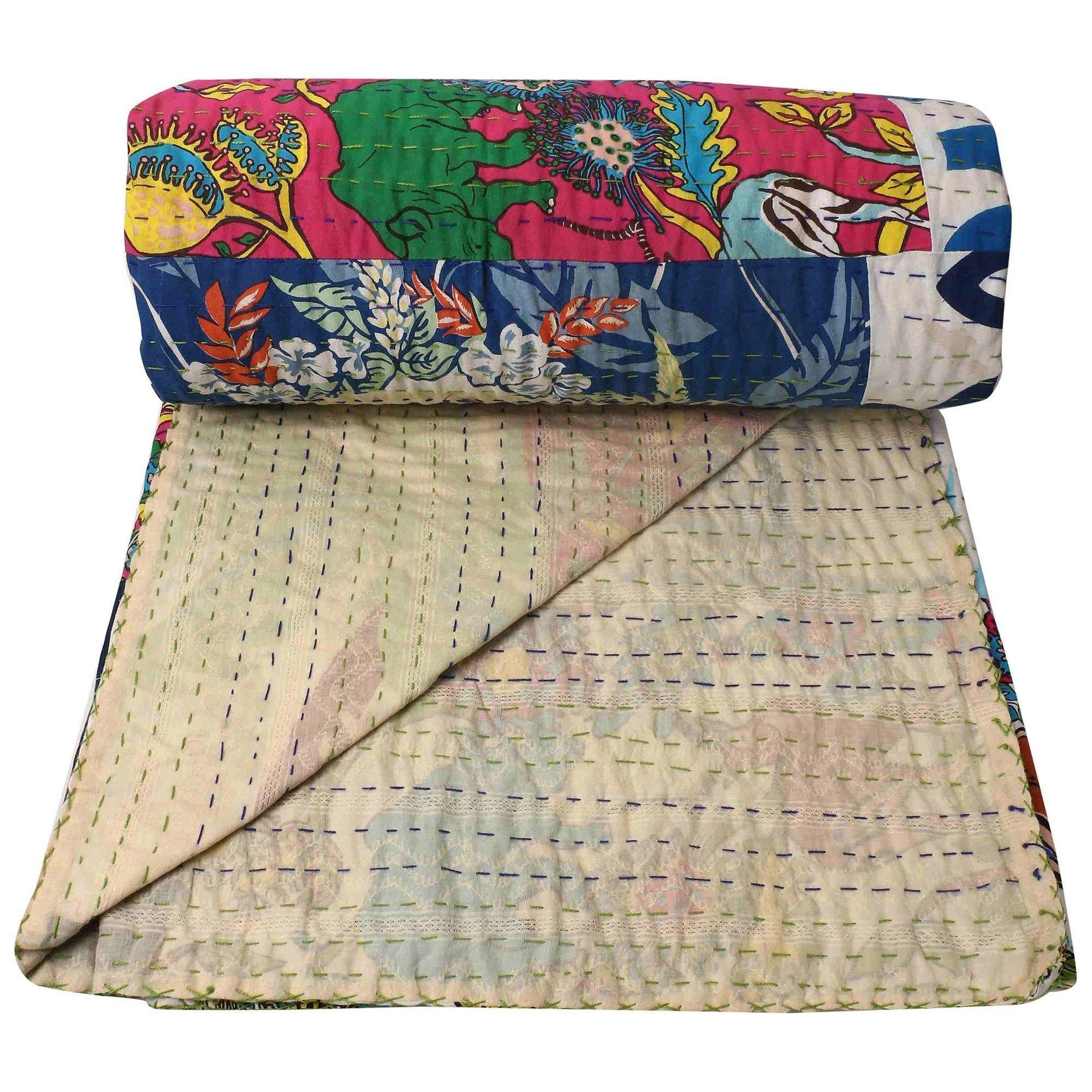 Quirky Patchwork Kantha Quilted King Bedcover - The Teal Thread