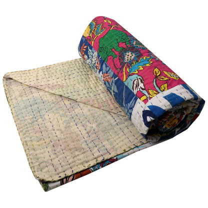 Quirky Patchwork Kantha Quilted King Bedcover - The Teal Thread