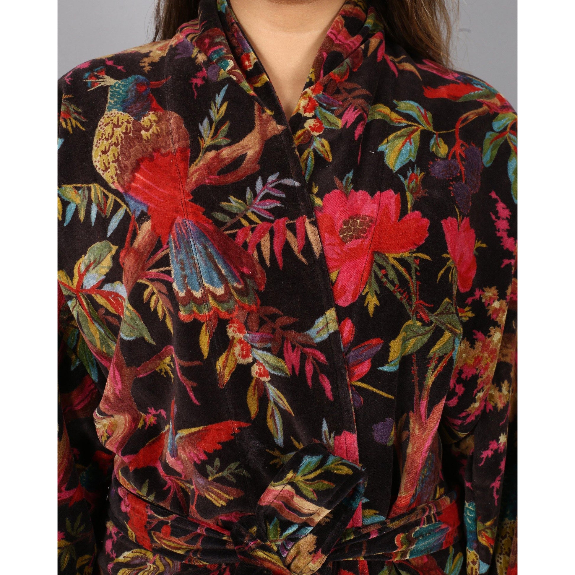 Short Velvet Kimono/ Jacket-Birds of Paradise Black - The Teal Thread