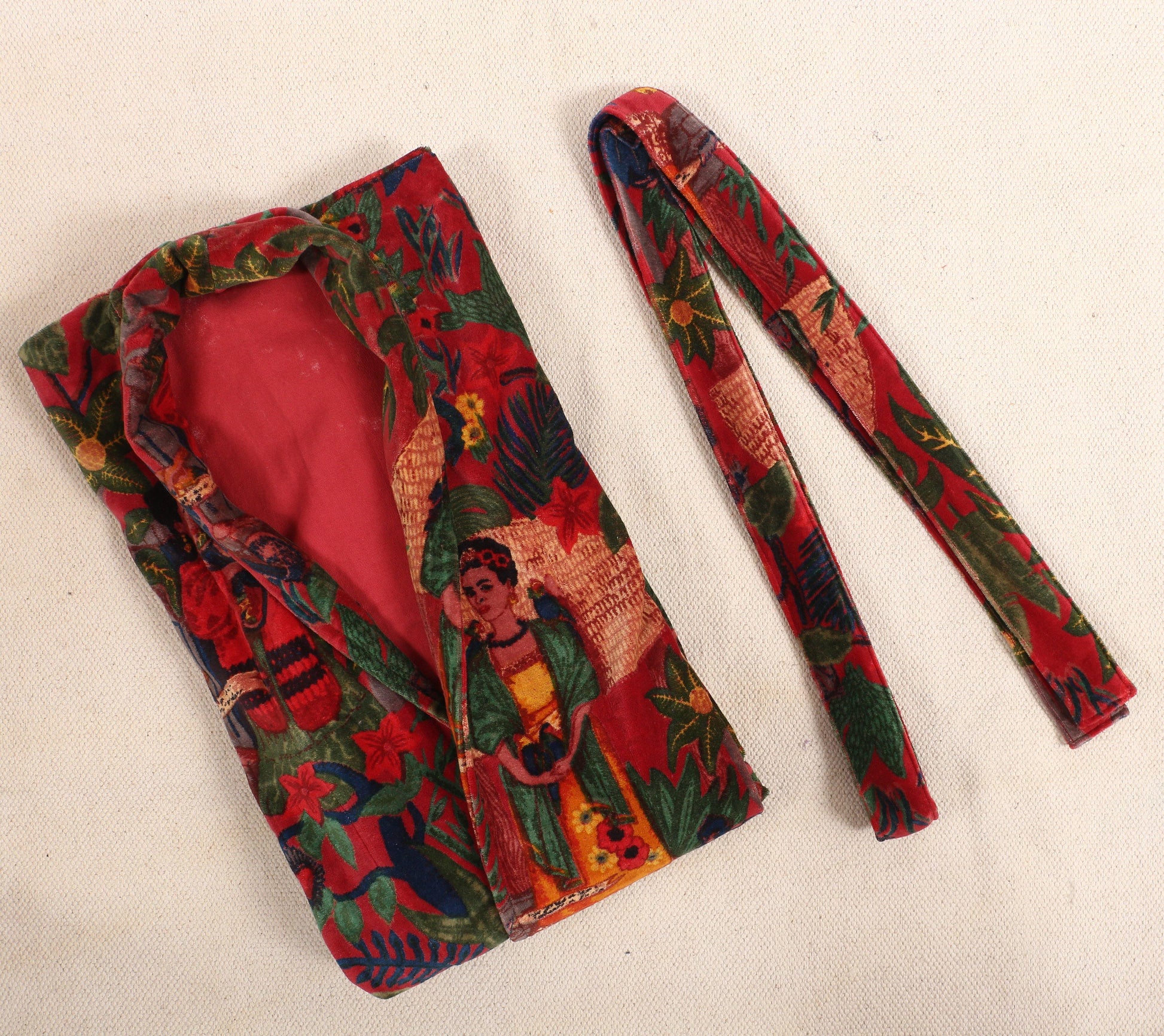Short Velvet Kimono/ Jacket-Frida Kahlo print -Red - The Teal Thread