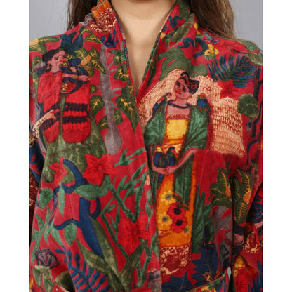Short Velvet Kimono/ Jacket-Frida Kahlo print -Red - The Teal Thread