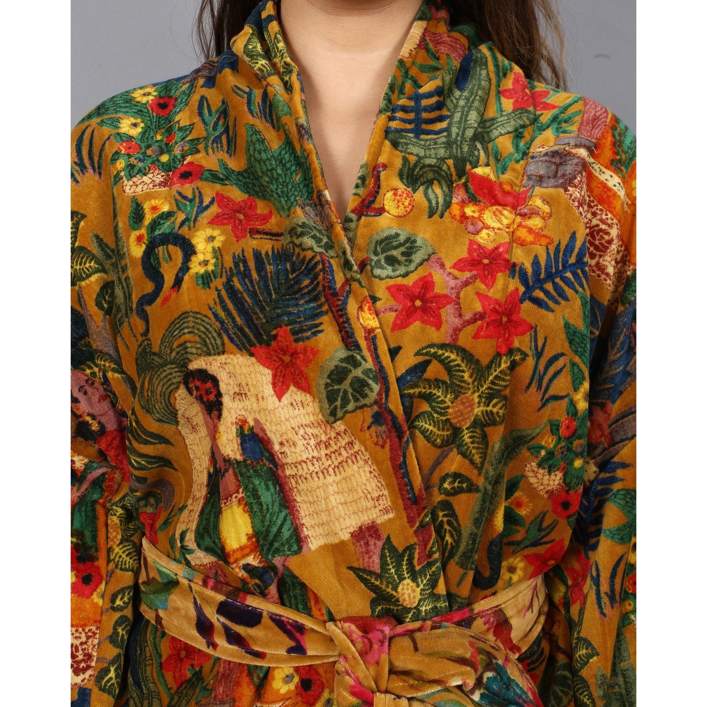 Short Velvet Kimono/ Jacket Frida Kahlo print -yellow - The Teal Thread