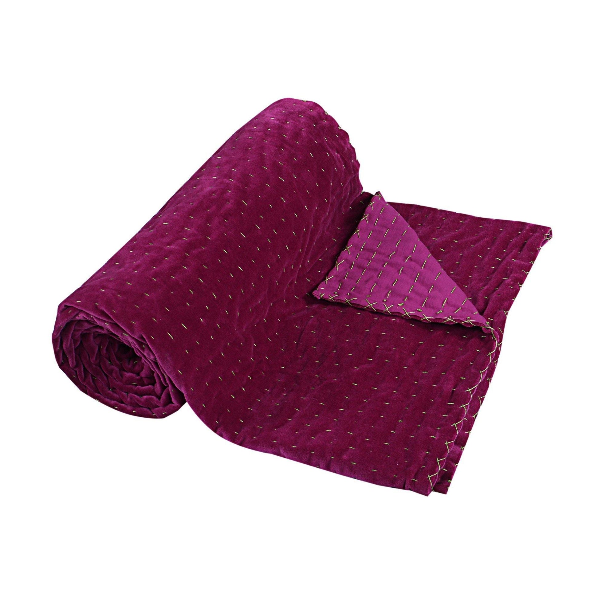 Solid Velvet Kantha Quilted Razai-Magenta - The Teal Thread