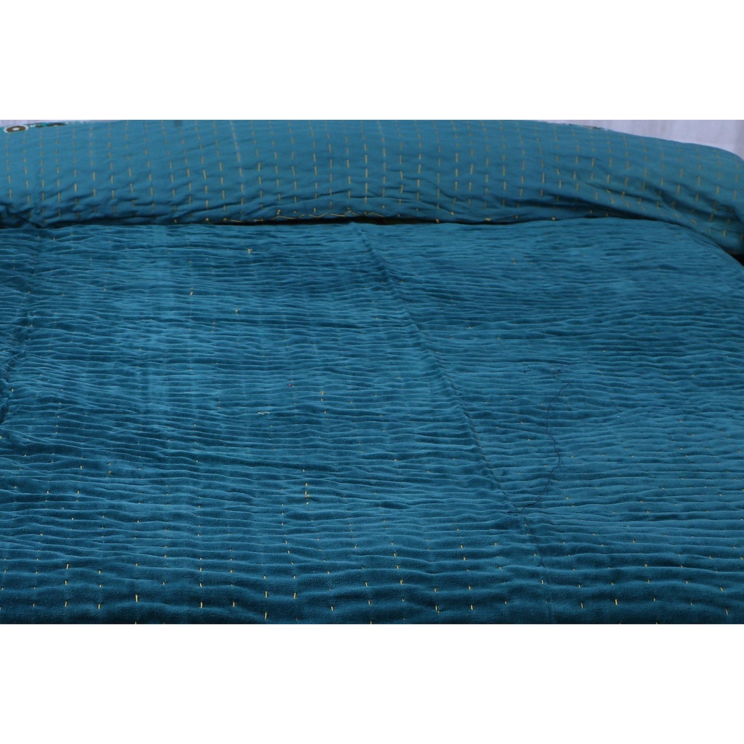 Solid Velvet Kantha Quilted Razai Teal - The Teal Thread