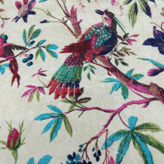 Velvet fabric Birds of Paradise for upholstery- Beige - The Teal Thread