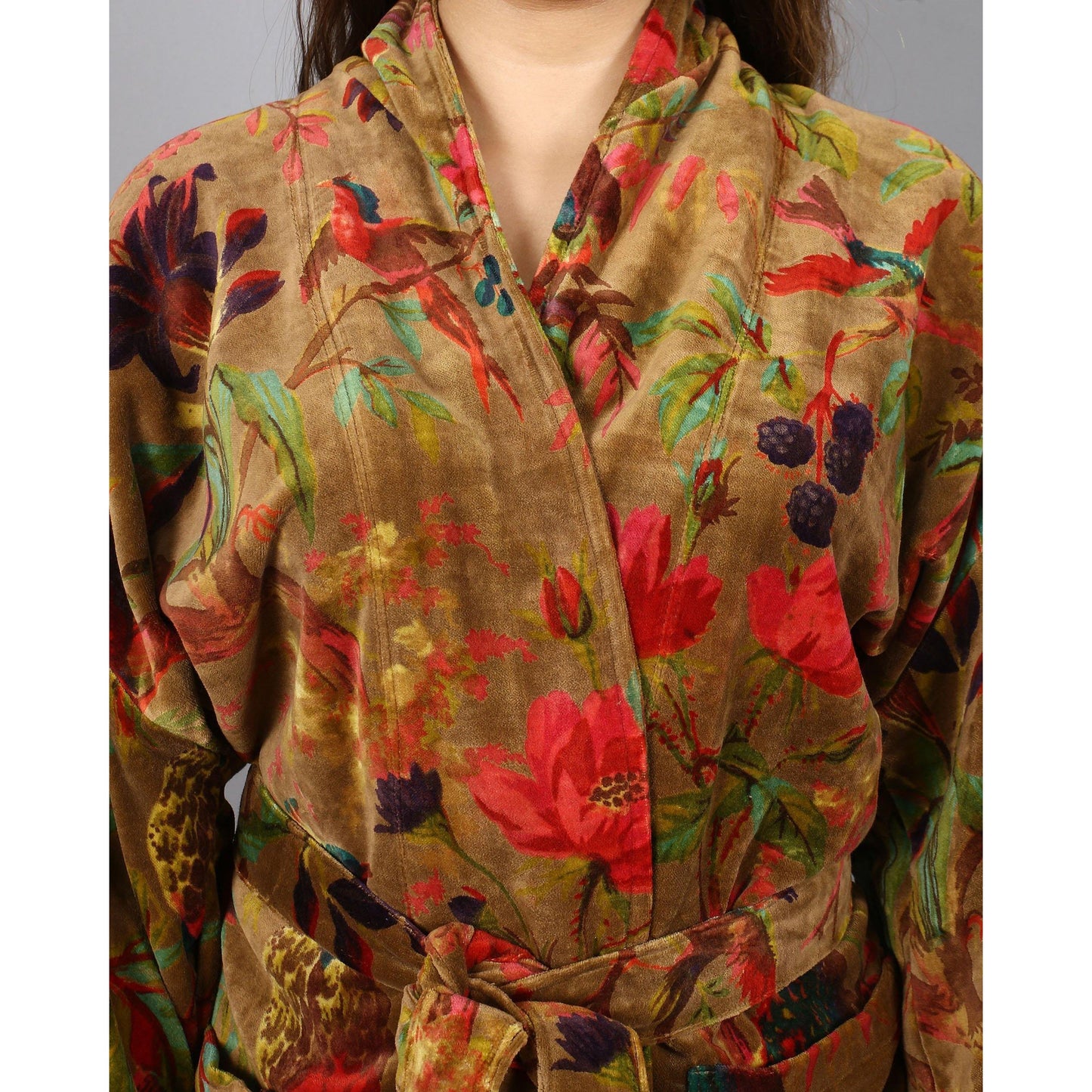 Velvet Kimono/ Jacket-Birds of Paradise-Green - The Teal Thread