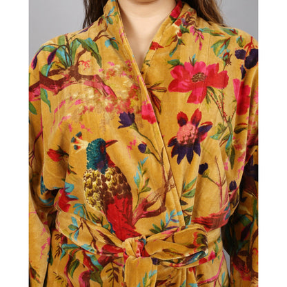 Velvet Kimono/ Jacket-Birds of Paradise-Mustard - The Teal Thread