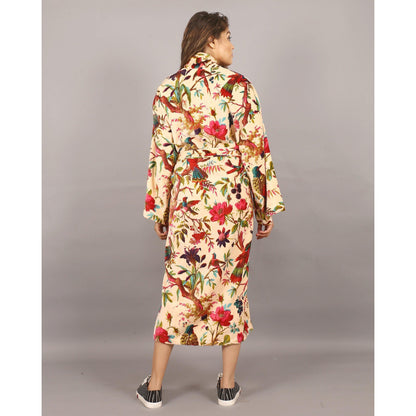 Velvet Kimono/ Jacket-Birds of Paradise-Peach/ Ready to ship - The Teal Thread